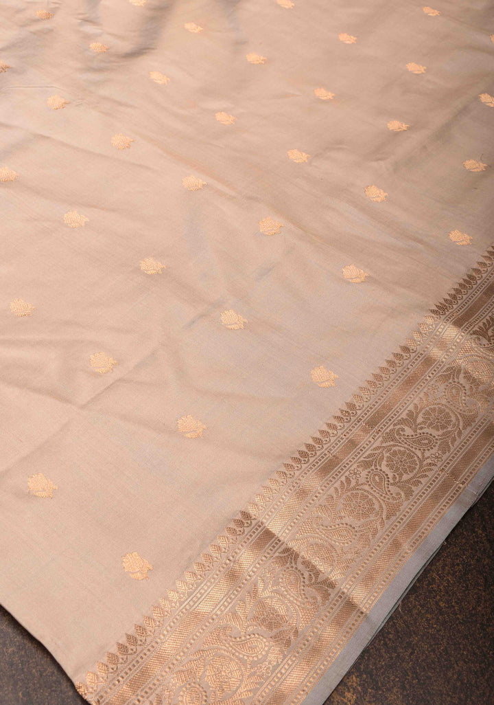 Mushroom Beige Banarasi Light Weight Katan silk saree with Zari Buttas and Zari Border | SILK MARK CERTIFIED