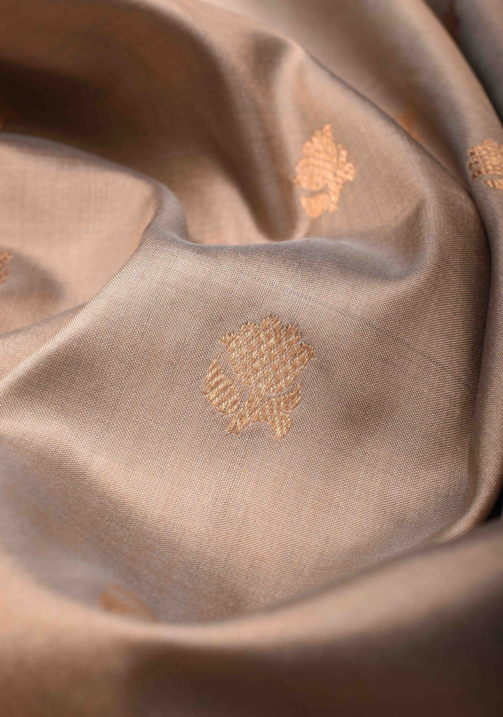 Mushroom Beige Banarasi Light Weight Katan silk saree with Zari Buttas and Zari Border | SILK MARK CERTIFIED