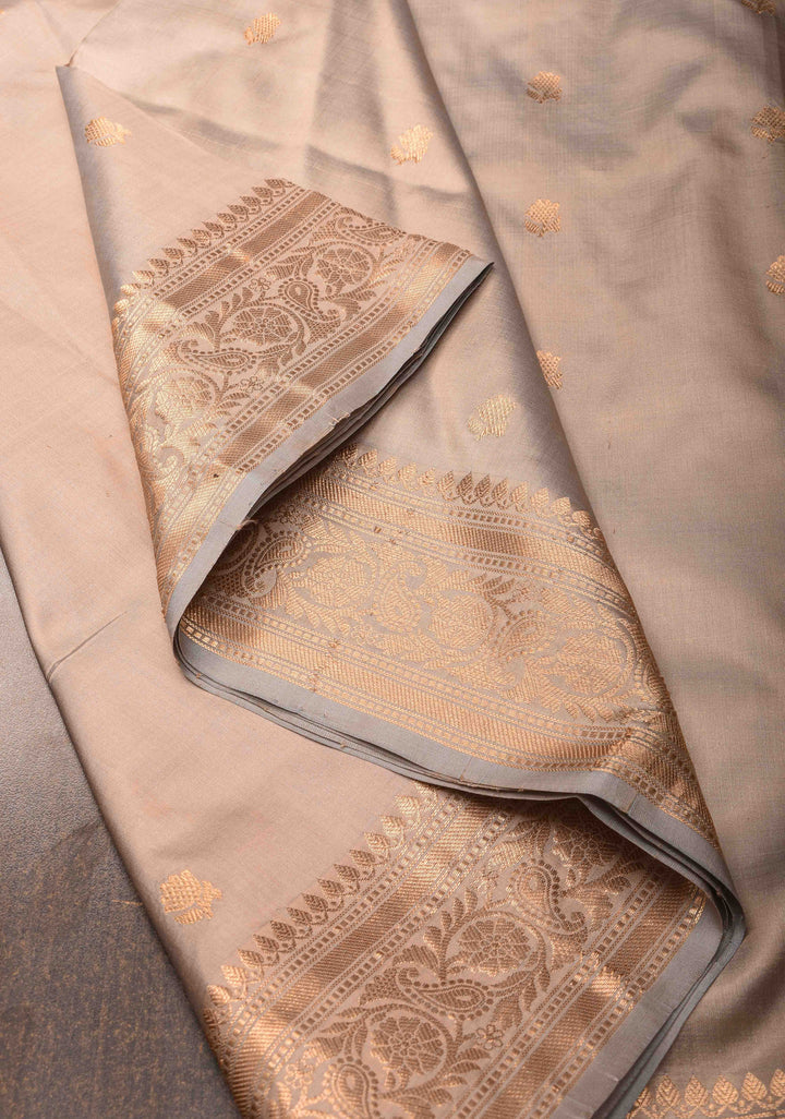 Mushroom Beige Banarasi Light Weight Katan silk saree with Zari Buttas and Zari Border | SILK MARK CERTIFIED