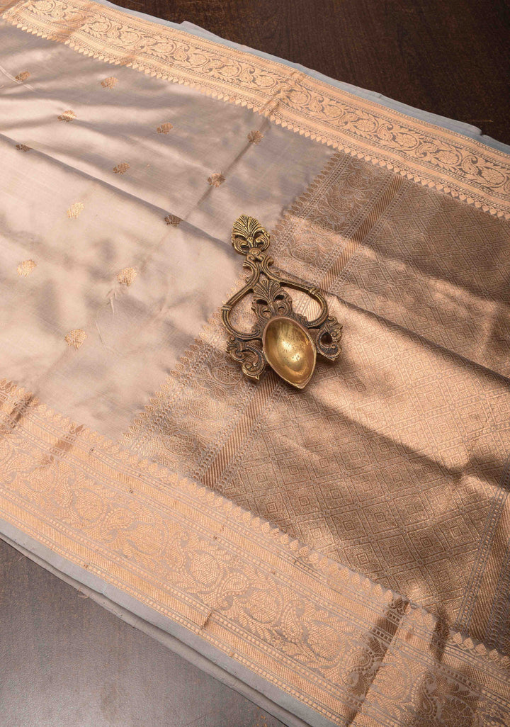 Mushroom Beige Banarasi Light Weight Katan silk saree with Zari Buttas and Zari Border | SILK MARK CERTIFIED