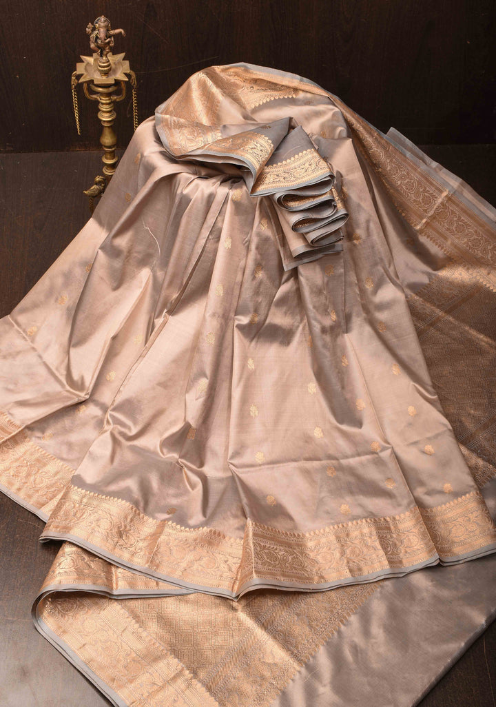 Mushroom Beige Banarasi Light Weight Katan silk saree with Zari Buttas and Zari Border | SILK MARK CERTIFIED