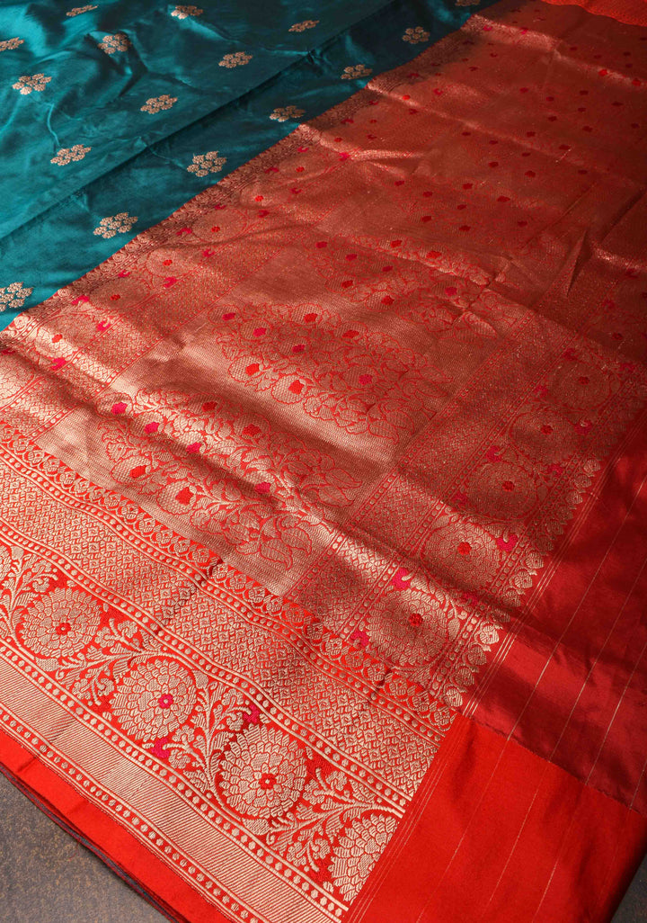 Rama Green Banarasi Katan silk saree with Floral Zari Buttas and Contrast Border | SILK MARK CERTIFIED