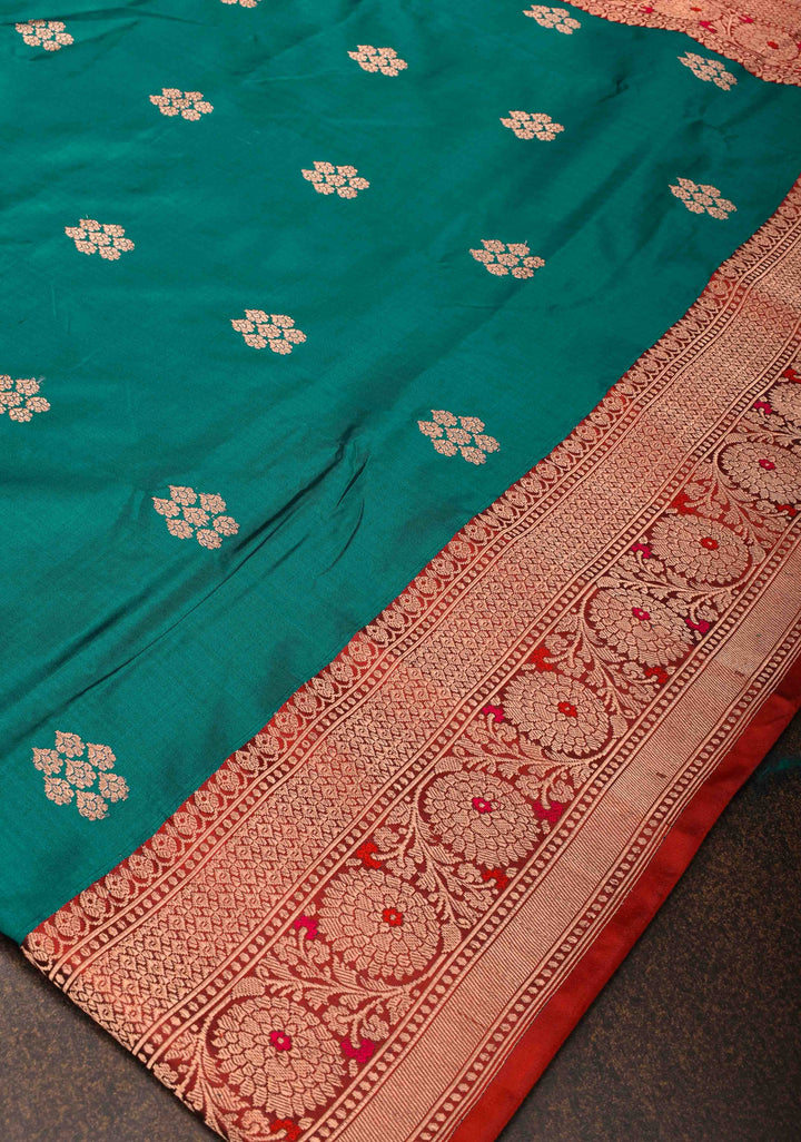 Rama Green Banarasi Katan silk saree with Floral Zari Buttas and Contrast Border | SILK MARK CERTIFIED
