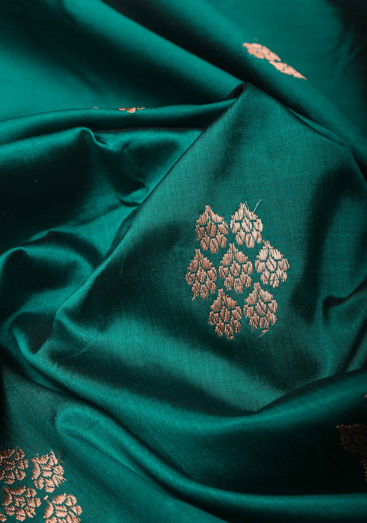 Rama Green Banarasi Katan silk saree with Floral Zari Buttas and Contrast Border | SILK MARK CERTIFIED