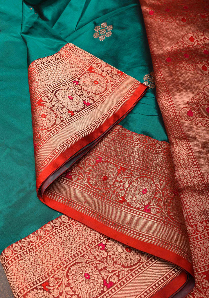 Rama Green Banarasi Katan silk saree with Floral Zari Buttas and Contrast Border | SILK MARK CERTIFIED