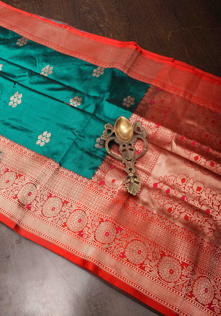 Rama Green Banarasi Katan silk saree with Floral Zari Buttas and Contrast Border | SILK MARK CERTIFIED
