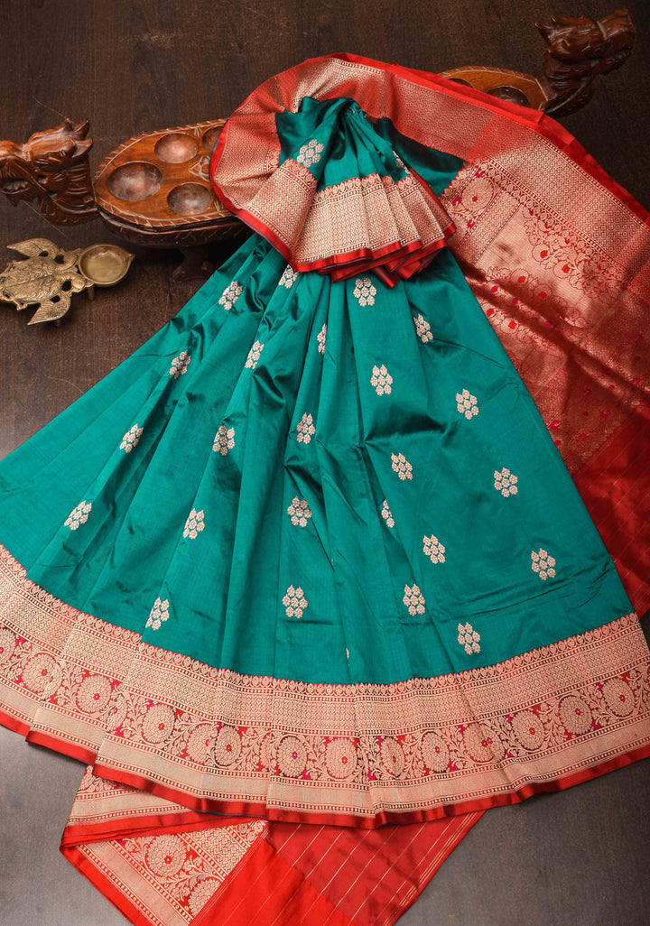 Rama Green Banarasi Katan silk saree with Floral Zari Buttas and Contrast Border | SILK MARK CERTIFIED