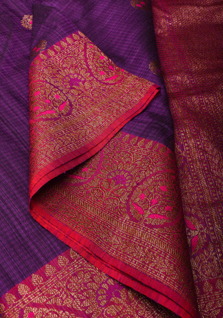 Pure Banarasi Meenakari  Dupion Silk Saree in Purple with Antique Buttas and Border | SILK MARK CERTIFIED