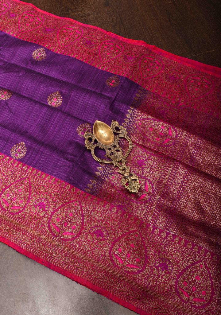 Pure Banarasi Meenakari  Dupion Silk Saree in Purple with Antique Buttas and Border | SILK MARK CERTIFIED