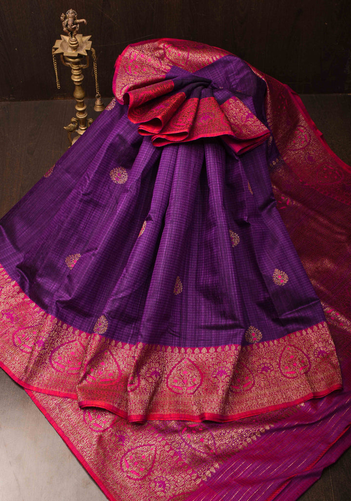Pure Banarasi Meenakari  Dupion Silk Saree in Purple with Antique Buttas and Border | SILK MARK CERTIFIED