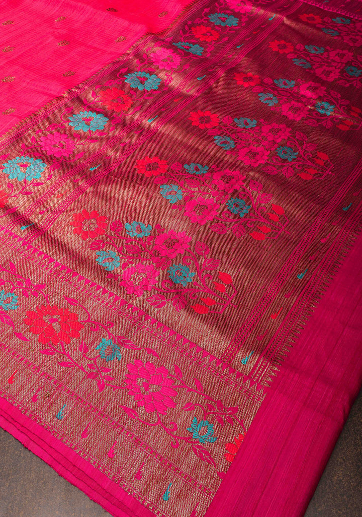 Banarasi Dupion Silk Saree in Hot Pink with Antique meenakari buttas and Border  | SILK MARK CERTIFIED