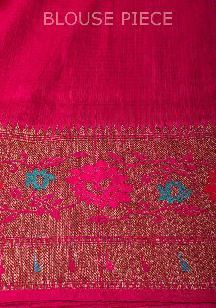 Banarasi Dupion Silk Saree in Hot Pink with Antique meenakari buttas and Border  | SILK MARK CERTIFIED