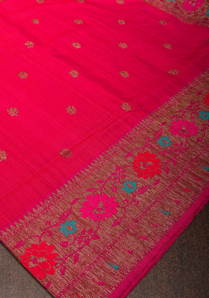 Banarasi Dupion Silk Saree in Hot Pink with Antique meenakari buttas and Border  | SILK MARK CERTIFIED