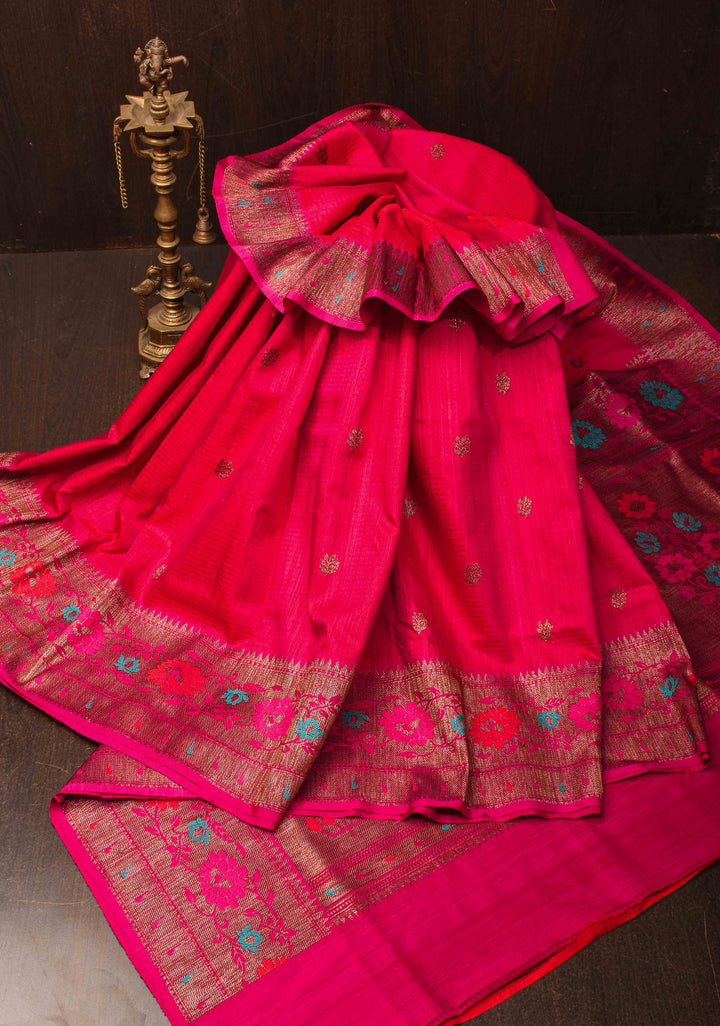 Banarasi Dupion Silk Saree in Hot Pink with Antique meenakari buttas and Border  | SILK MARK CERTIFIED
