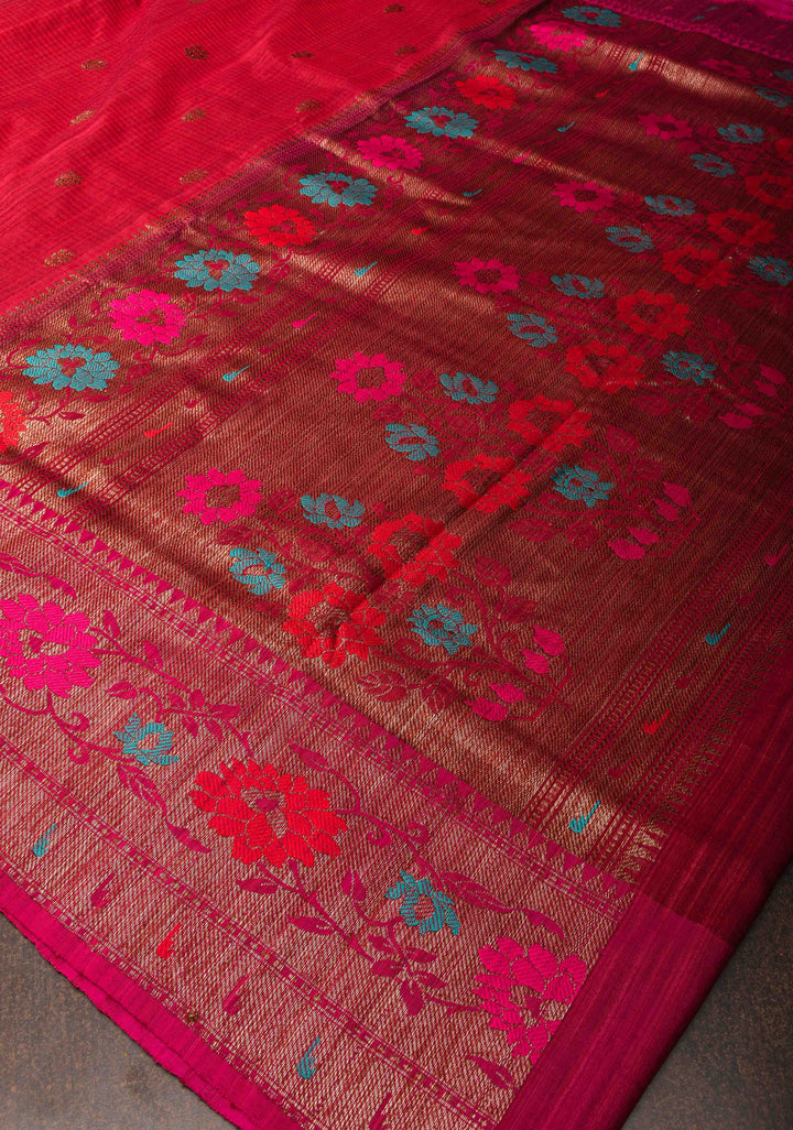 Pure Banarasi Dupion Silk Saree in Red with Antique Zari Buttas and Resham Meenakari Border | SILK MARK CERTIFIED