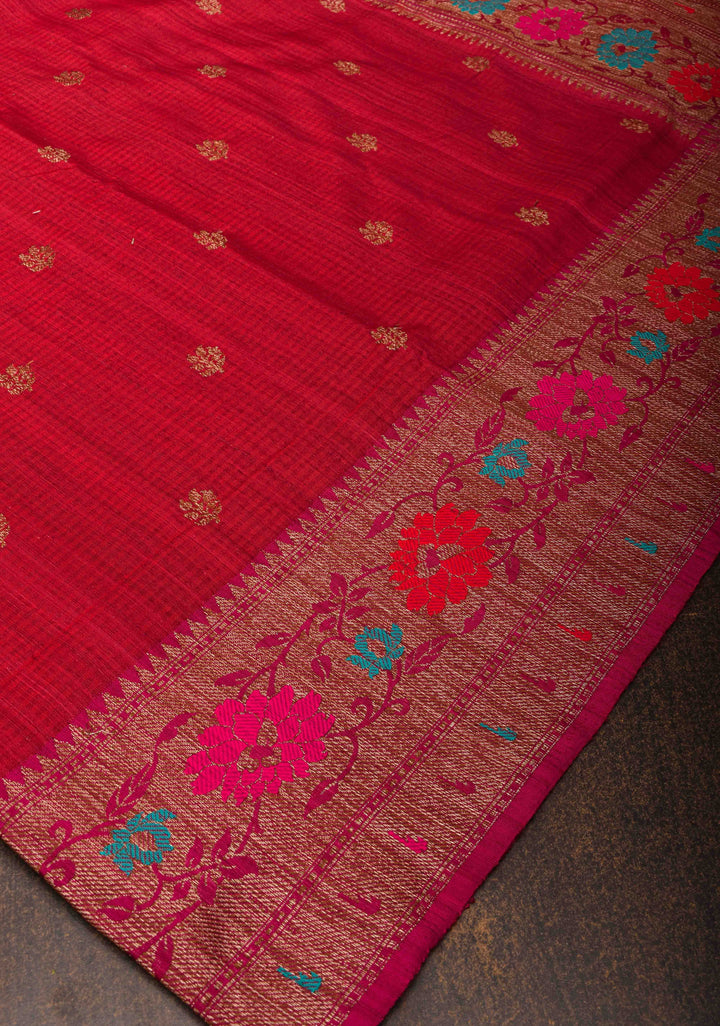 Pure Banarasi Dupion Silk Saree in Red with Antique Zari Buttas and Resham Meenakari Border | SILK MARK CERTIFIED