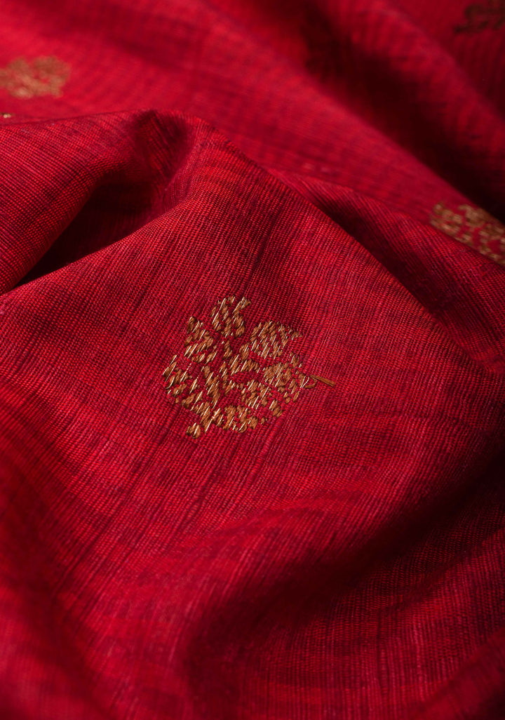 Pure Banarasi Dupion Silk Saree in Red with Antique Zari Buttas and Resham Meenakari Border | SILK MARK CERTIFIED