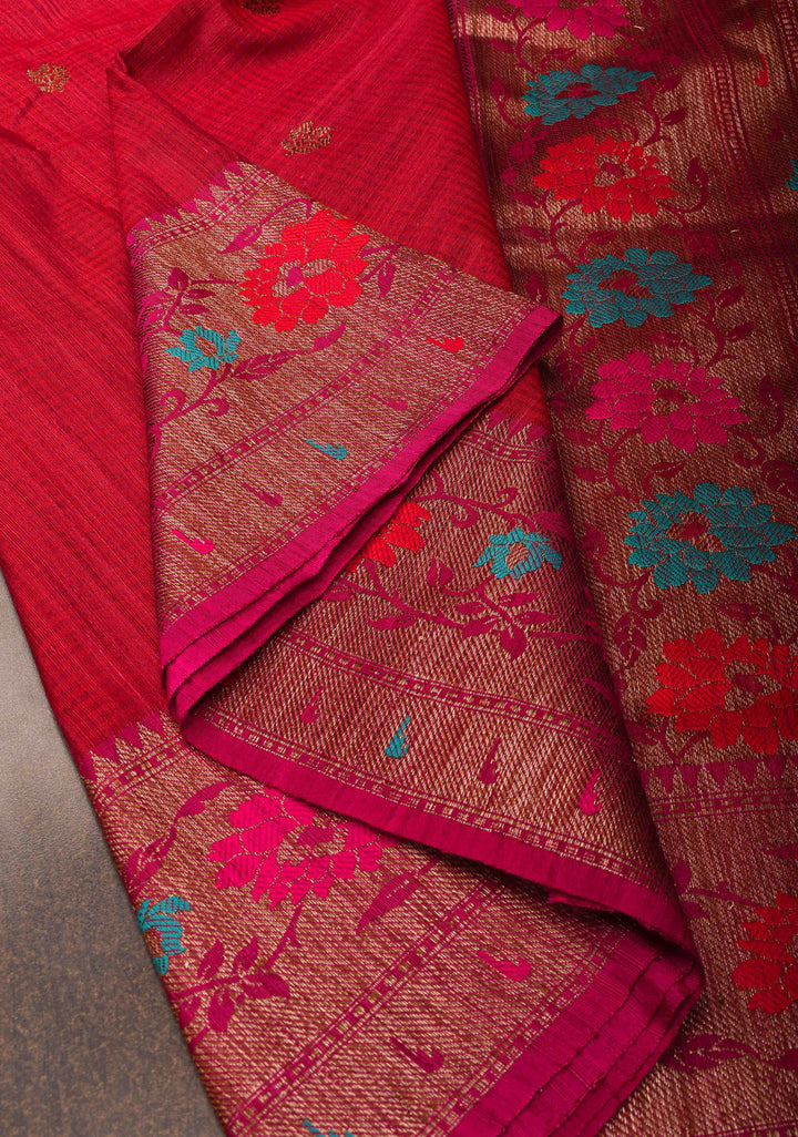 Pure Banarasi Dupion Silk Saree in Red with Antique Zari Buttas and Resham Meenakari Border | SILK MARK CERTIFIED
