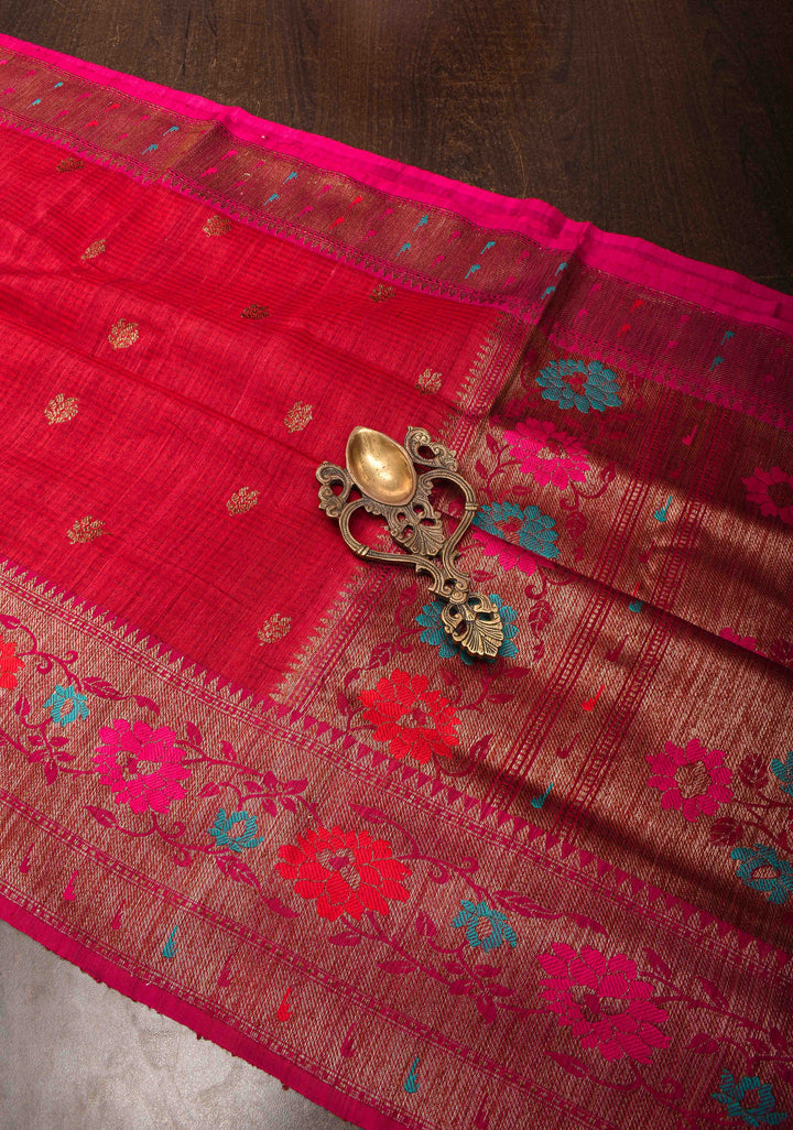 Pure Banarasi Dupion Silk Saree in Red with Antique Zari Buttas and Resham Meenakari Border | SILK MARK CERTIFIED