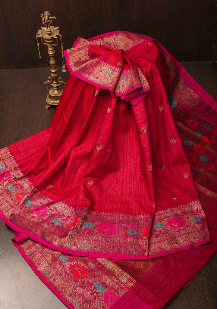 Pure Banarasi Dupion Silk Saree in Red with Antique Zari Buttas and Resham Meenakari Border | SILK MARK CERTIFIED