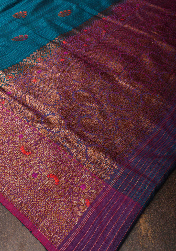 Pure Banarasi Dupion Silk Saree in Peacock Blue with Antique meenakari Zari detailing | SILK MARK CERTIFIED