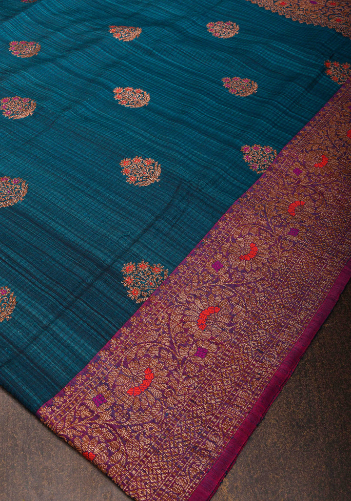 Pure Banarasi Dupion Silk Saree in Peacock Blue with Antique meenakari Zari detailing | SILK MARK CERTIFIED