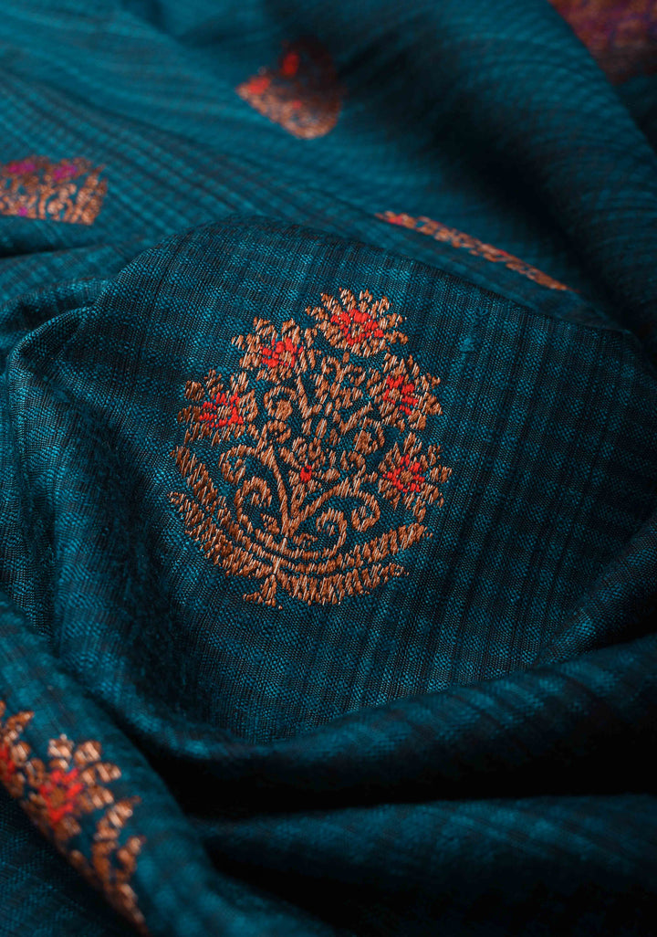 Pure Banarasi Dupion Silk Saree in Peacock Blue with Antique meenakari Zari detailing | SILK MARK CERTIFIED