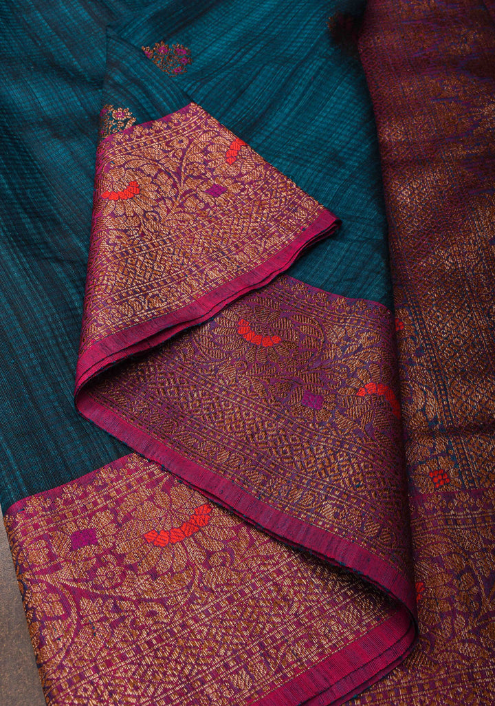 Pure Banarasi Dupion Silk Saree in Peacock Blue with Antique meenakari Zari detailing | SILK MARK CERTIFIED