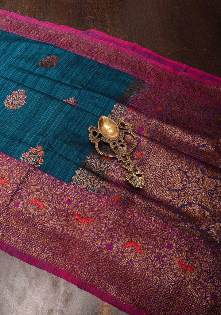 Pure Banarasi Dupion Silk Saree in Peacock Blue with Antique meenakari Zari detailing | SILK MARK CERTIFIED