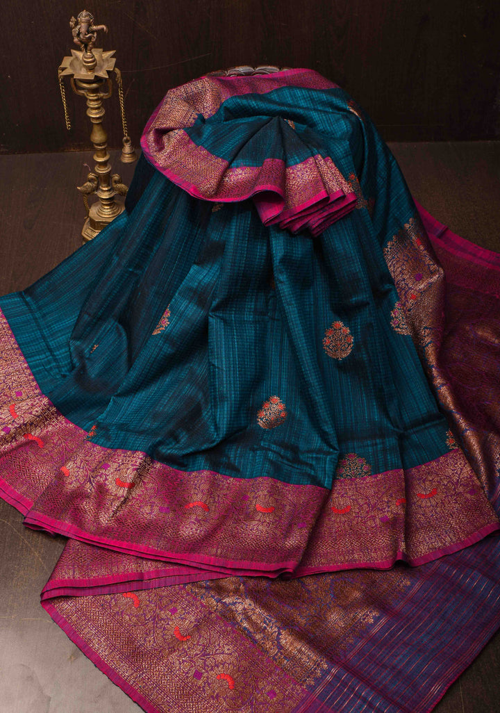 Pure Banarasi Dupion Silk Saree in Peacock Blue with Antique meenakari Zari detailing | SILK MARK CERTIFIED