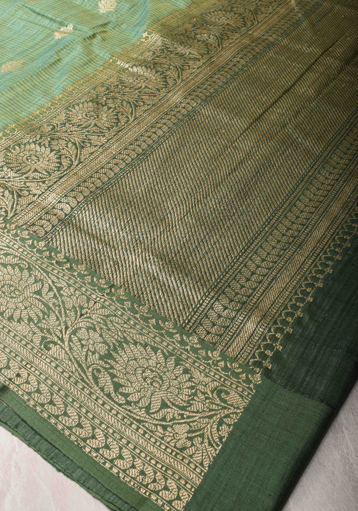 Green Dupion Banarasi Silk Saree with Floral Butta and zari Border | SILK MARK CERTIFIED