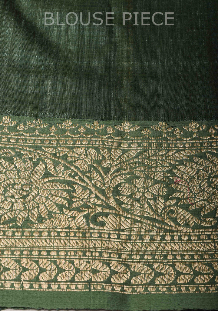 Green Dupion Banarasi Silk Saree with Floral Butta and zari Border | SILK MARK CERTIFIED