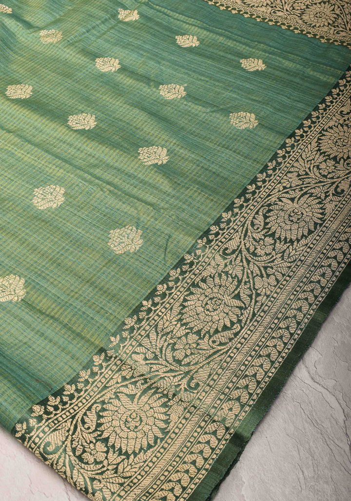 Green Dupion Banarasi Silk Saree with Floral Butta and zari Border | SILK MARK CERTIFIED