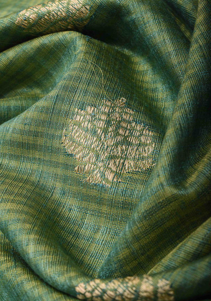 Green Dupion Banarasi Silk Saree with Floral Butta and zari Border | SILK MARK CERTIFIED