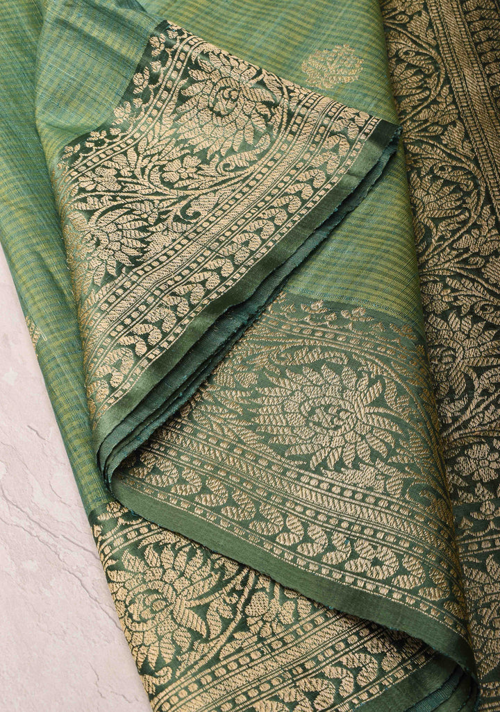 Green Dupion Banarasi Silk Saree with Floral Butta and zari Border | SILK MARK CERTIFIED