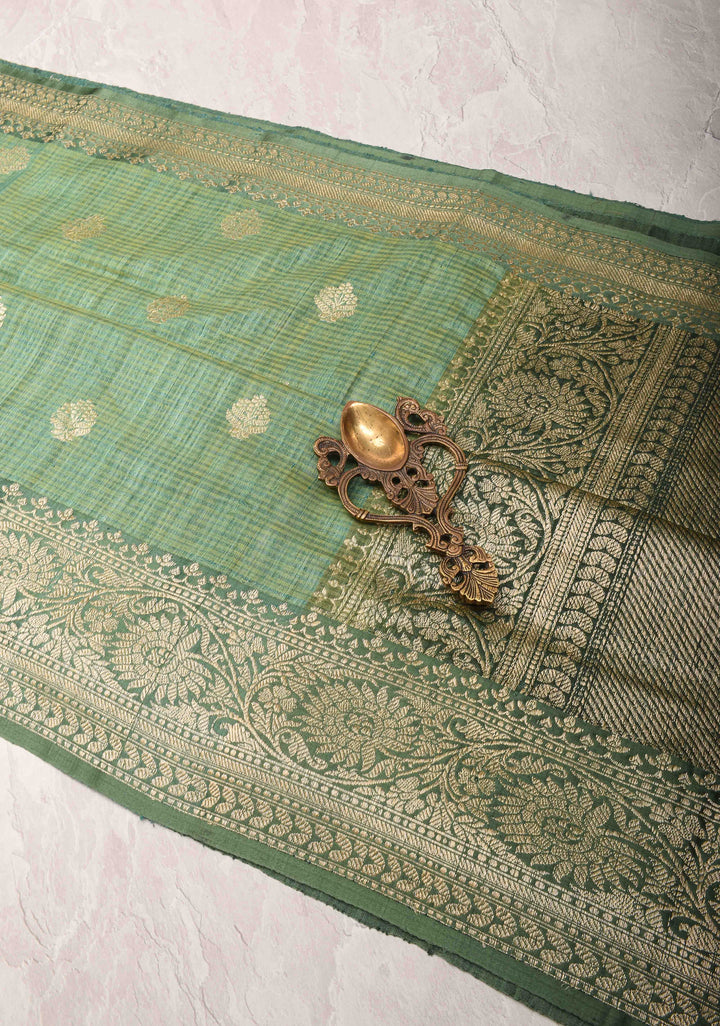 Green Dupion Banarasi Silk Saree with Floral Butta and zari Border | SILK MARK CERTIFIED