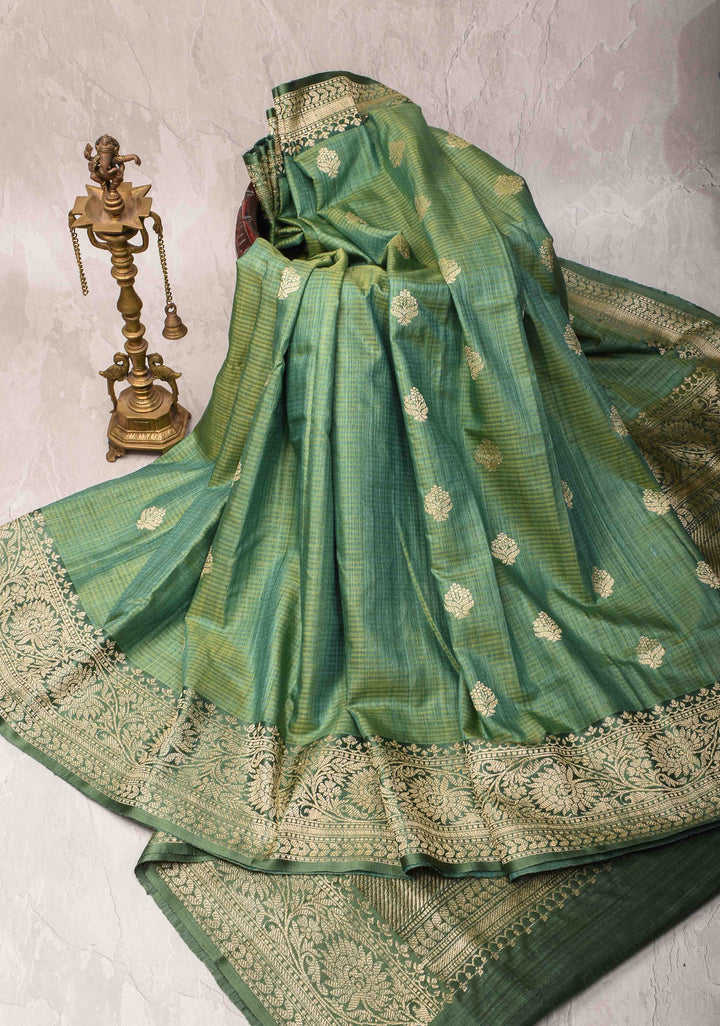 Green Dupion Banarasi Silk Saree with Floral Butta and zari Border | SILK MARK CERTIFIED