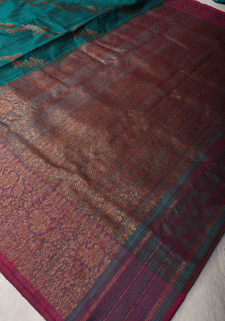 Teal Dupion Banarasi Pure Silk Saree with kadhuwa leheria jaal pattern and zari Borders | SILK MARK CERTIFIED