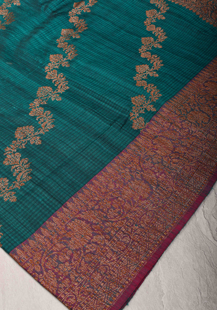 Teal Dupion Banarasi Pure Silk Saree with kadhuwa leheria jaal pattern and zari Borders | SILK MARK CERTIFIED