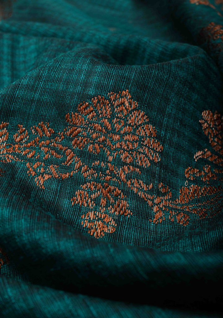 Teal Dupion Banarasi Pure Silk Saree with kadhuwa leheria jaal pattern and zari Borders | SILK MARK CERTIFIED