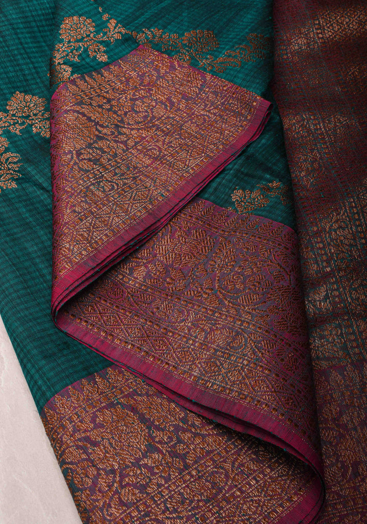 Teal Dupion Banarasi Pure Silk Saree with kadhuwa leheria jaal pattern and zari Borders | SILK MARK CERTIFIED
