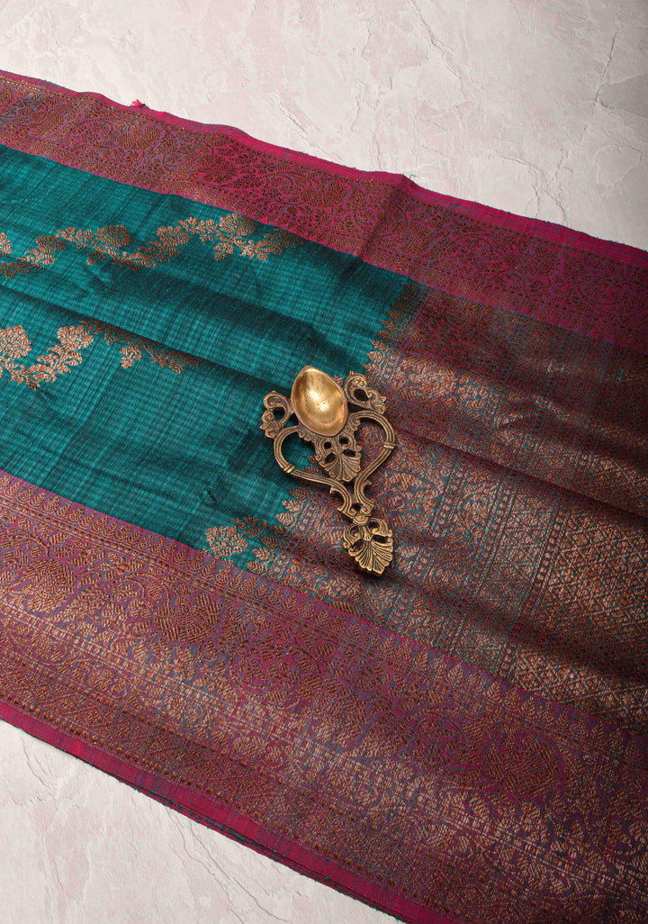Teal Dupion Banarasi Pure Silk Saree with kadhuwa leheria jaal pattern and zari Borders | SILK MARK CERTIFIED