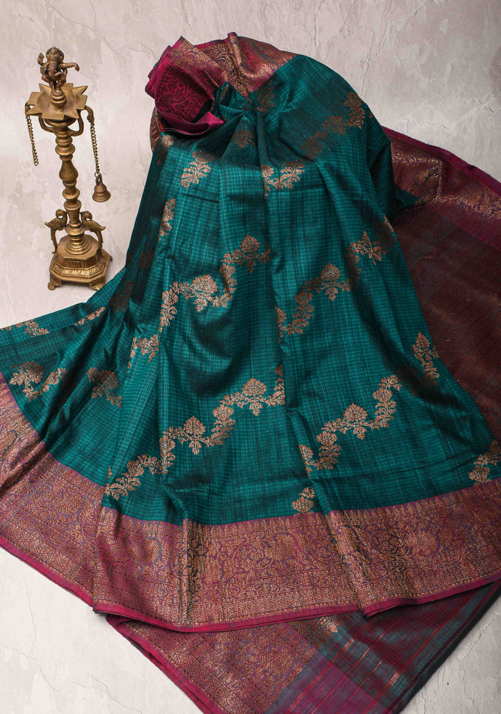 Teal Dupion Banarasi Pure Silk Saree with kadhuwa leheria jaal pattern and zari Borders | SILK MARK CERTIFIED
