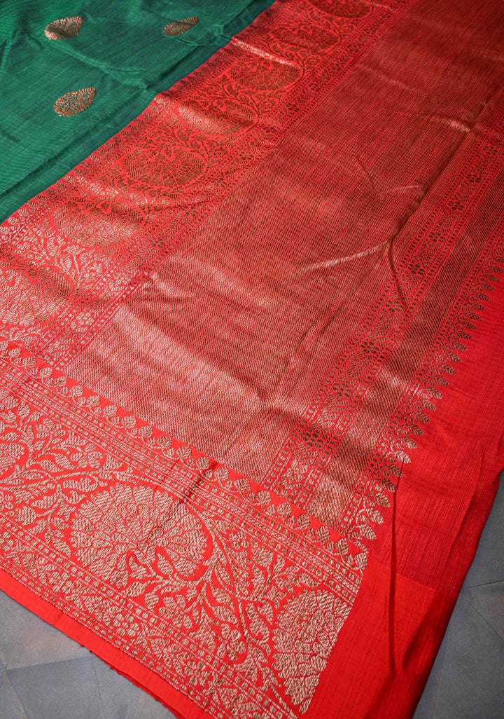 Bottle Green Pure Banarasi Dupion Silk Saree with Antique Zari Buttas and Contrast Zari Border | SILK MARK CERTIFIED