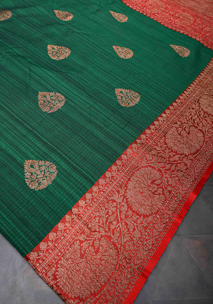 Bottle Green Pure Banarasi Dupion Silk Saree with Antique Zari Buttas and Contrast Zari Border | SILK MARK CERTIFIED