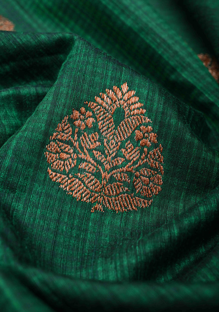 Bottle Green Pure Banarasi Dupion Silk Saree with Antique Zari Buttas and Contrast Zari Border | SILK MARK CERTIFIED