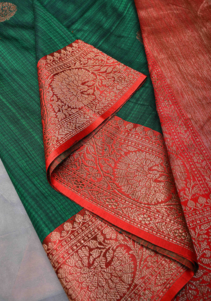 Bottle Green Pure Banarasi Dupion Silk Saree with Antique Zari Buttas and Contrast Zari Border | SILK MARK CERTIFIED