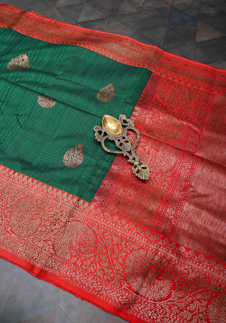 Bottle Green Pure Banarasi Dupion Silk Saree with Antique Zari Buttas and Contrast Zari Border | SILK MARK CERTIFIED
