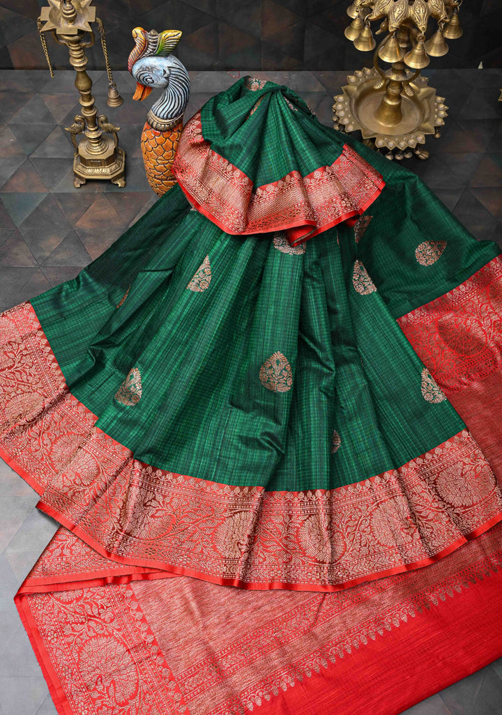 Bottle Green Pure Banarasi Dupion Silk Saree with Antique Zari Buttas and Contrast Zari Border | SILK MARK CERTIFIED