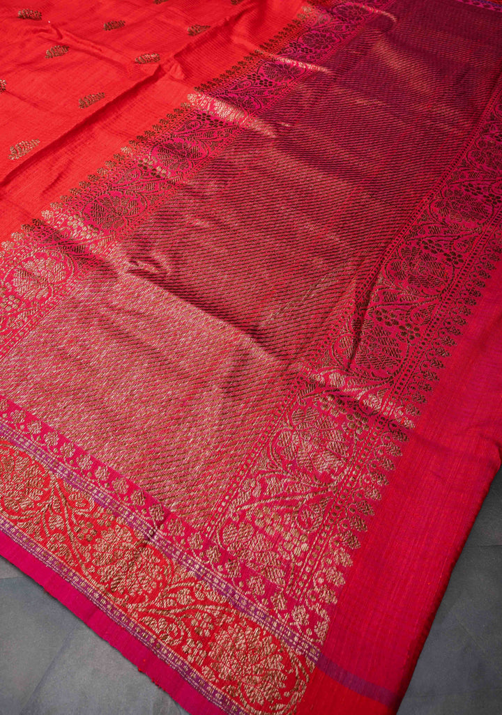 Pure Banarasi Dupion Silk Saree in Red with Antique Zari Butta and Short width Border | SILK MARK CERTIFIED
